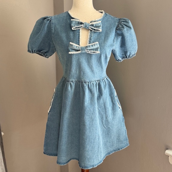 Endless Blu 🦋 Tencell Denim Mini Dress Bow S M L Coquette Cotton - Picture 9 of 13